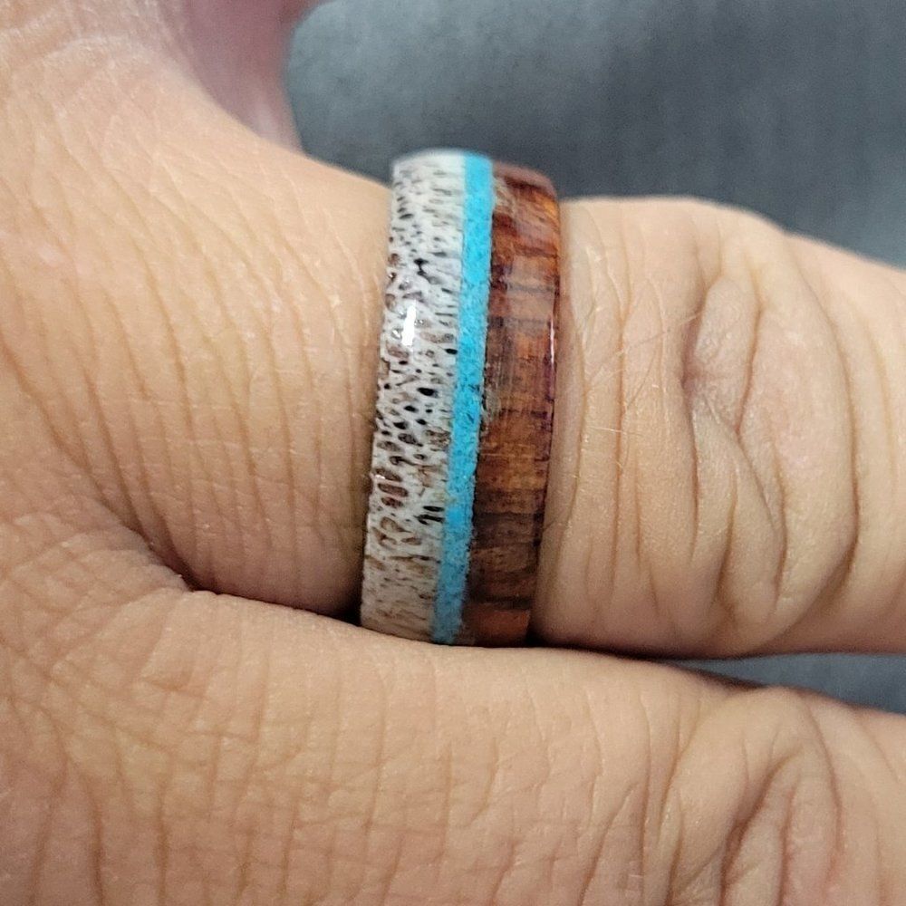 Men's Real Tungsten Wedding Ring With Deer Antler, Turquoise and Wood Onlays - Picture 3 of 4